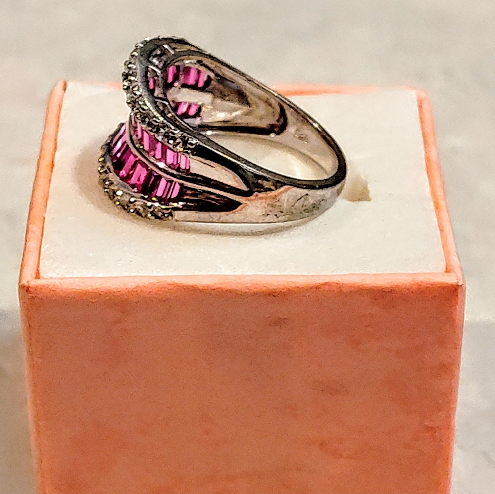 STERLING SILVER RUBY & DIAMOND RING BAGUETTE CUT RUBY & ROUND CUT DIAMONDS 8½ - Picture 9 of 16
